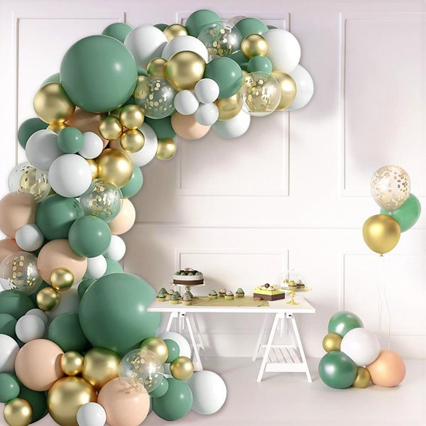 Olivolja grön födelsedag ballongbåge, salviagrön ballonggirlang vit guldkonfetti retrogrön ballong för pojkes födelsedagsfest, babyshower, djungel