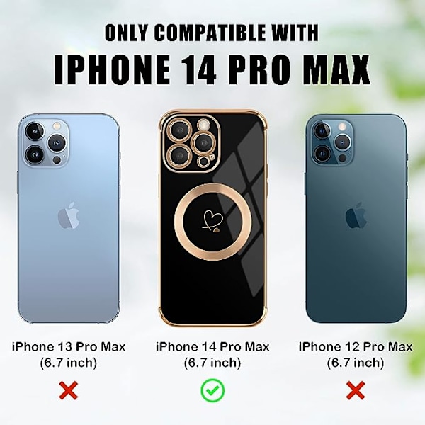 (Svart) Skal till iPhone 14 Pro Max, Sött Hjärtformat Magnetiskt Skal med Guldpläterad Kant, Stötsäkert Silikon Skal