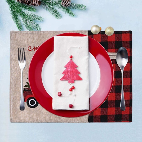 6 stk. Jule Buffalo Plaid Dugunder Farmhouse Rød Lastbil Ferie Bord Dugunder, Bomuld Linned Rød og Sort Buffalo Check Dugunder til Spisebord C