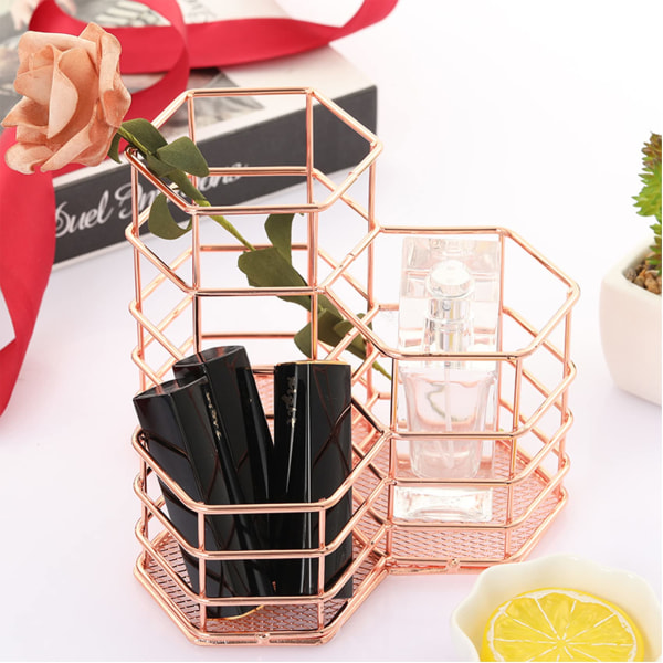 Skrivebords penneholder i metal, opbevaringsboks i metal til penne, opbevaringsboks til makeupbørster, hjemmekontor skuffe rose gold blyantskop