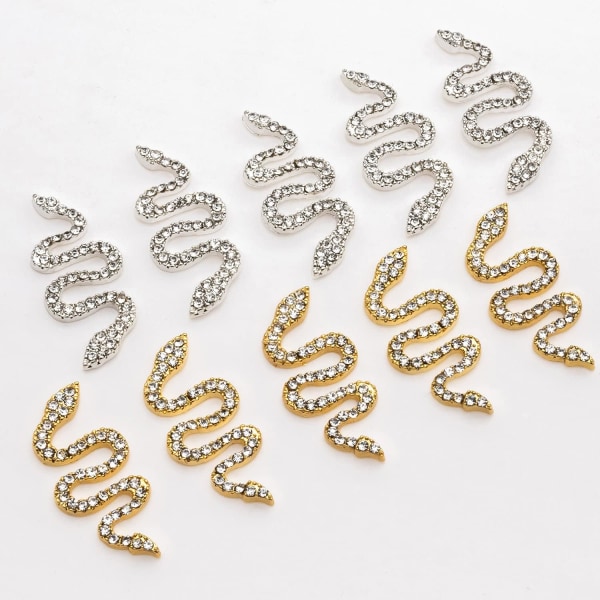 Gull/sølv - 10 stk slangeformede nail art sjarm med rhinestones,