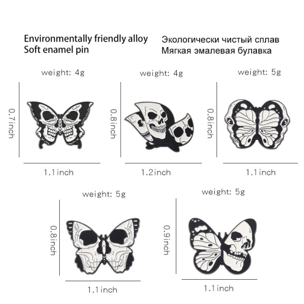 5 kpl Punk Skull Butterfly Moth Emali Pins Skull Moth rintakoru