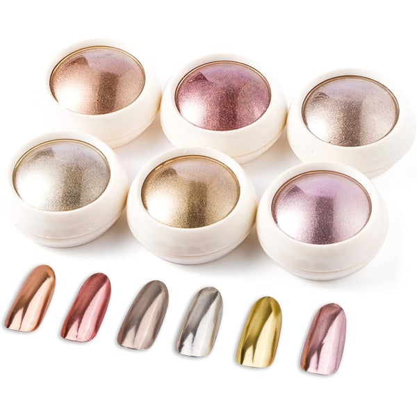 6 æsker rosaguld neglepulver, skinnende metallisk spejleffekt, krompigmenter med glitter til neglekunstdekoration.
