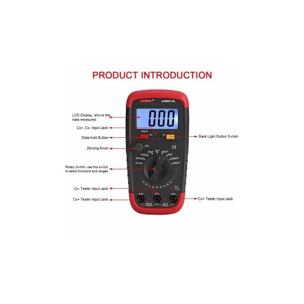 Professionel Kapacitansmåler, Digital Kondensatortester 0.1pF - 20000uF med Kapacitansmåler med LCD-baggrundsbelysning og Beskyttelseskappe Max 1999