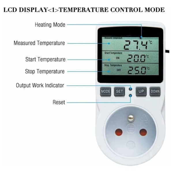 Digitaalinen lämpötilansäädin, termostaattipistorasia lämmitykseen ja jäähdytykseen LCD-lämpötilansäädin, 200v-250v kiinteälle lämpötilansäätimelle