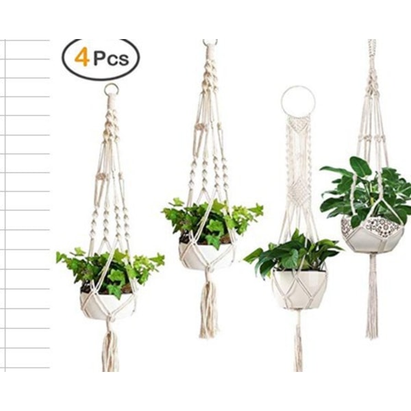 4PC Makrame Hengepotte, Hengepotteholder for Blomst, Makrame Plantehenger Makrame Bomullsrep Hengepotte Planteholder Innendørs Hagedekorasjon