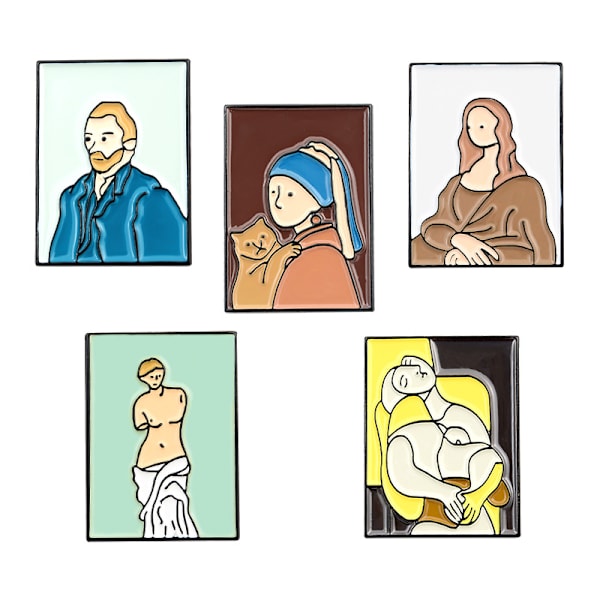 5-delad tecknad brosch Handgjord emaljbricka Van Gogh Mona Lisa brosch Nyhetsslagsbrosch, skjortmärkesaccessoar Modebrosch