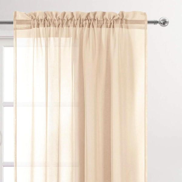 Beige Tyllgardiner Halvtransparenta Tyllstångsgardiner för Sovrum och Vardagsrum, 137 x 213 cm Långa, Set med 2