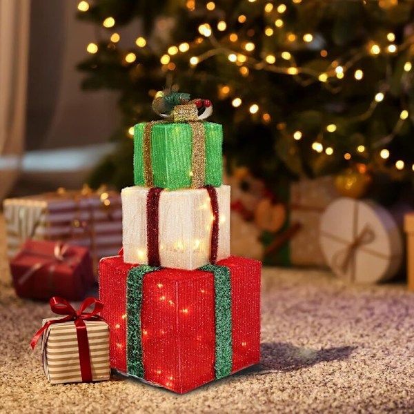 Julbelysning Presentboxar med 60 LED-lampor, Tre Lysande Presentaskar i Olika Storlekar, Utomhus Trädgårdsdekoration för Julfest