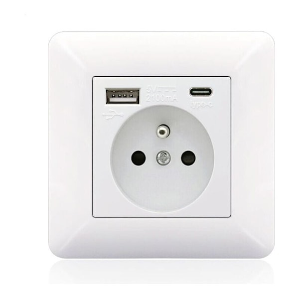 Fransk uttagspanel typ-C+USB16A Typ 86, Antal uttag: 2 hål, antal USB-portar: 1, antal typ-C-portar: 1, (vit båge)