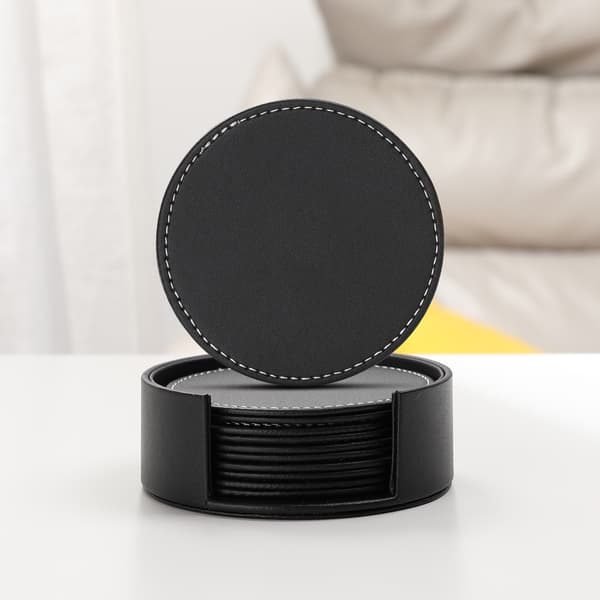 Kaffe Farve 6 Stykker Runde Læder Coasters, PU Læder Coasters til Fester Kaffe Bar Pub Kop Måtte Coaster Coasters med Stativ Sort-Rund