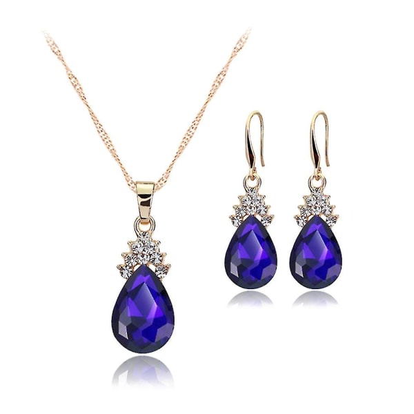 Kvinder smykkesæt med krystalvedhæng halskæde+øreringe (blå)