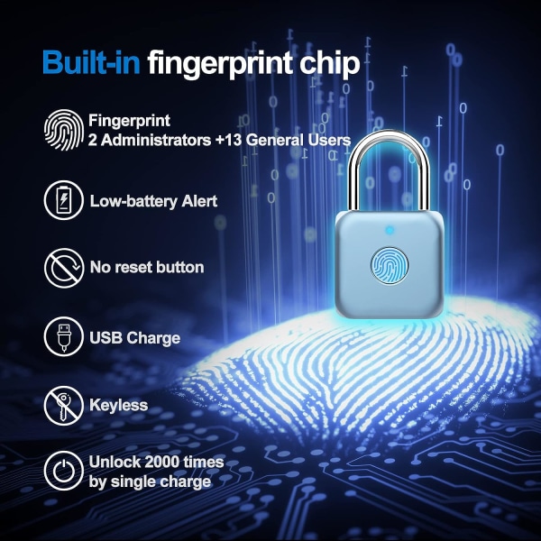 (Blå) digital hengelås med fingeravtrykk, USB-biometrisk F