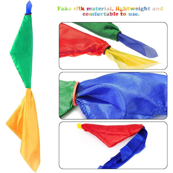 Fargerik magisk skjerf 4 fargeskiftende silkeskjerf for gatemagi, hjem, skole, fest (rød, gul, blå, grønn)