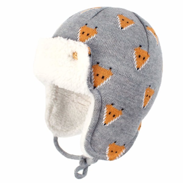 Vinterdyreørebeskyttende Beanie-lue for gutter og jenter Baby Fox-mønster Fleecefôret varm lue (grå)