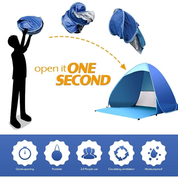 Udendørs Instant Pop-up Strandtelt, Bærbar Strandtelt, Automatisk, Vandafvisende, Nem at Opsætte, Velegnet til Familie, Picnic, Camping (Blå)
