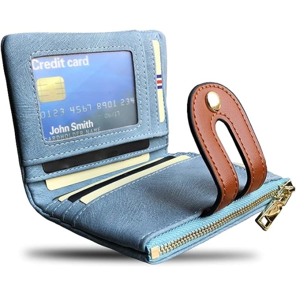 (Blå) Liten bifold-lommebok i RFID-skinn for kvinner - Mini-lommebok f