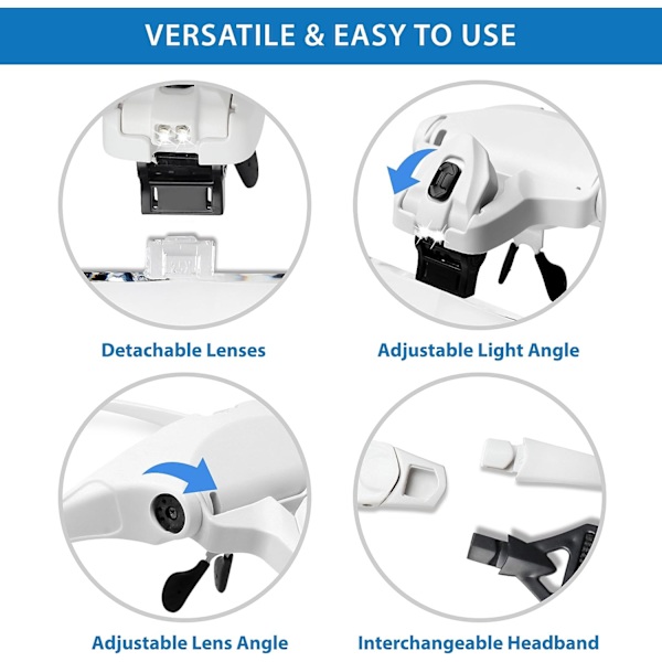 Förstoringsglas med LED-ljus - 1X - 3,5X zoom med 5 avtagbara linser - Huvudband Förstoringsglas Headset med ljus för läsning