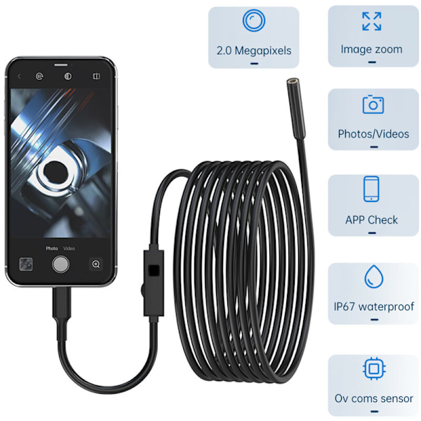 Endoskopisk kamera med ljus, IP67 vattentätt endoskop med 8 LED-lampor, 5 meter semi-rigid kabel, 2.0 megapixel HD ormkamera för iOS och Andro