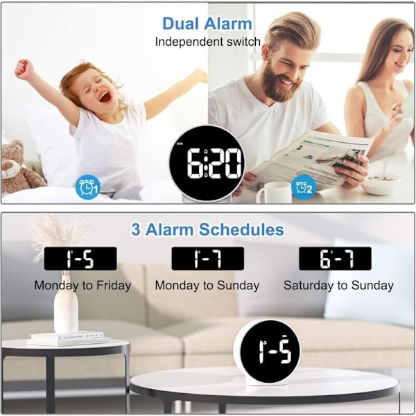 Ljusväckarklocka med Veckodagsvisning, Snooze-funktion, 4 Justerbara Ljusstyrkor, 2 Alarm, Batteridriven Digital Klocka för Barn, Tonåringar, Seniorer