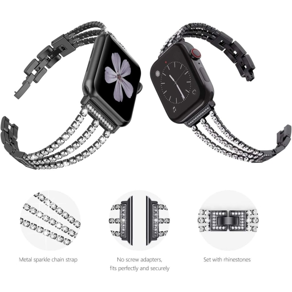 Sort - bånd kompatibel med Apple Watch 38 mm 40 mm skinnende rustfrit stålrem til iWatch 7-serien, SE 6-serien 5 4 3 2 1