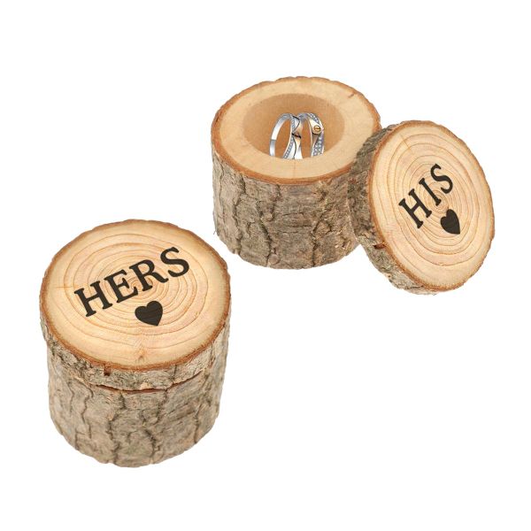 Ett par bröllopsringar i trä (diameter 6 cm, HERS, HIS), med ringhållare för förvaring vid bröllop, förlovningsfester och Valentin