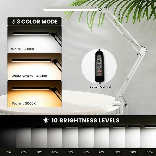 LED skrivebordslampe, sammenleggbar arkitektlampe med klyper, 10 lysnivåer x 3 fargemoduser, justerbar bordlampe, øyebeskyttelse, 5V/2A denne adapteren