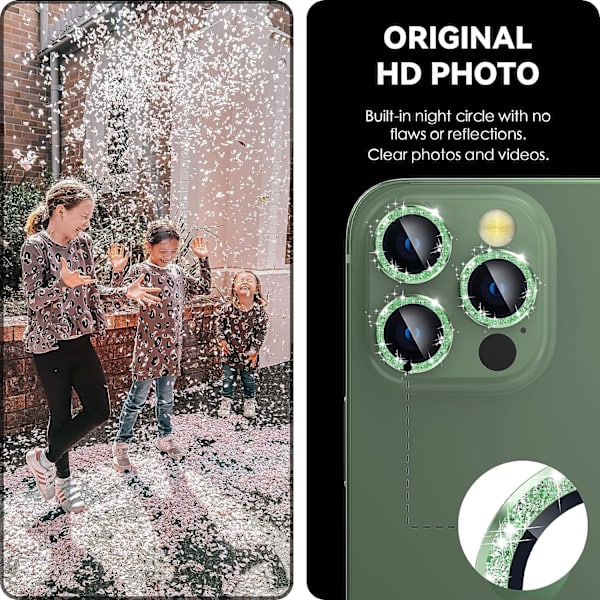 Grön Glitter Bakre Kameraskydd Kompatibel med iPhone 13 Pro och iPhone 13 Pro Max, [Aluminiumlegering], Fulltäckande 9H Hårdhet Kameraskydd