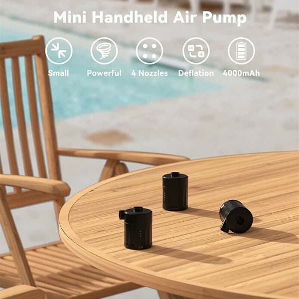 Bærbar luftpumpe for oppblåsbare produkter, elektrisk luftpumpe, oppladbar pumpe, ultra-mini pumpe (svart)