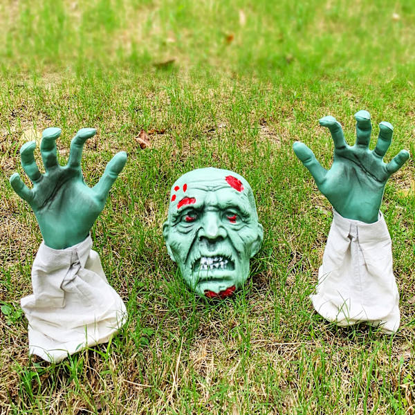 Halloween Dekorationer - Halloween Realistisk Zombie Ansigt og Arme Plænestav - Grøn Zombie Kranie med Blod og Hænder Have Stave