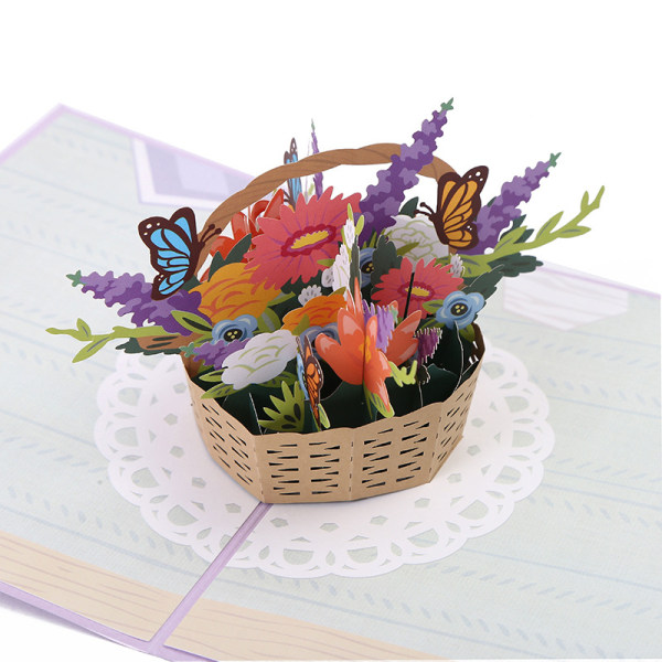 Butterfly Flower Basket -ponnahduskortti, käsintehty kukka-onnittelukortti