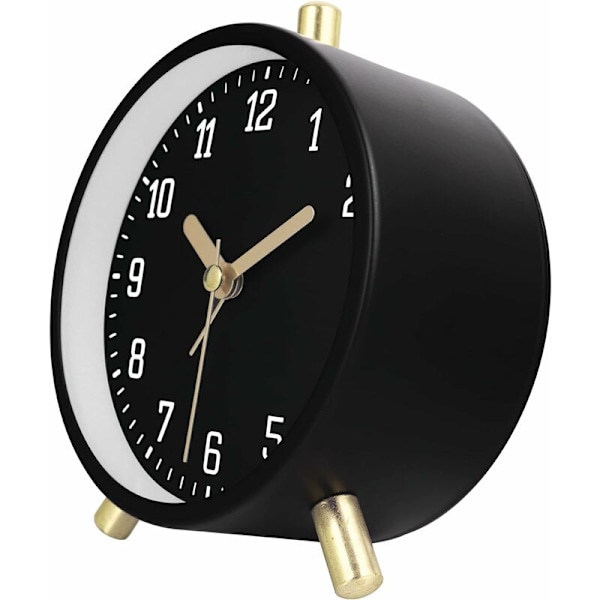 Klassisk sort metal moderne lydløs analog alarmur med simpelt dekorativt lys til soveværelsesseng 11cm
