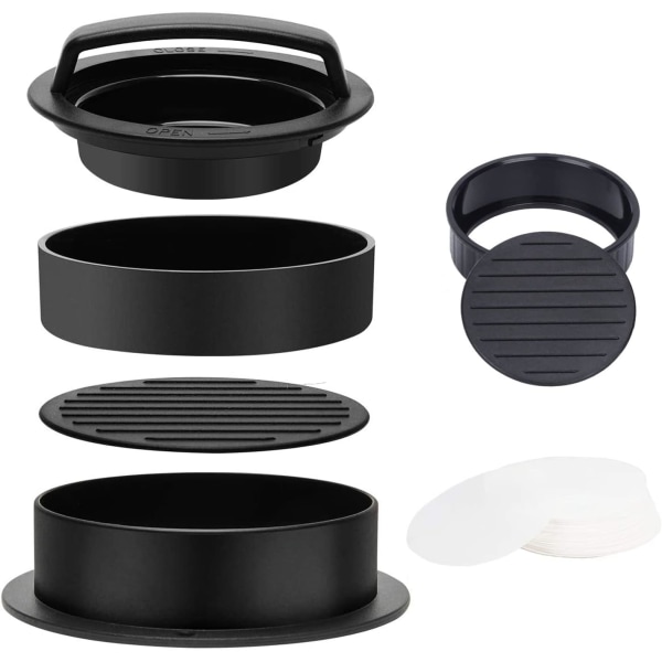 3 i 1 Hamburgerpresse, Fyldt Hamburgerpresse med 12cm-200 Nonstick BBQ Hamburgerpapirer