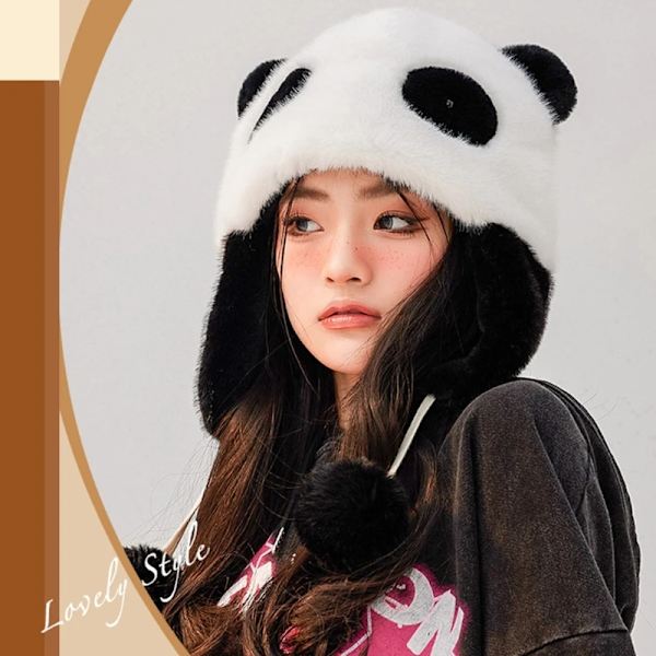 Vinter Panda Mössa Plysch Fångare Mössa Öronmuffar Mössa Flygarmössa Huva Fleece En Storlek