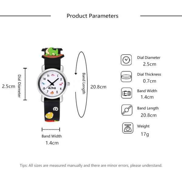 Barneklokke (svart, dinosaur), vanntett armbåndsur for barn