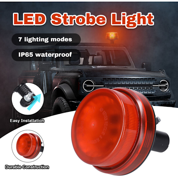 Stroboskopisk lys bilvarsling LED, vanntett blinkende beacon 12-24V vanntett med 7 lysmoduser for lastebil traktor gaffeltrucker anleggskjøretøy