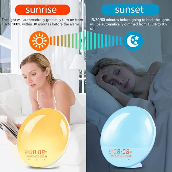 Vækkeur med Solopgang/Solnedgang Simulering - 20 Lysstyrke Niveauer - 8 Naturlyde - 7 Farver - USB Stemningslys