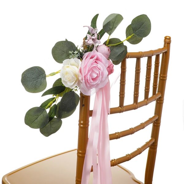 Rosa 6-pak bryllupsgangdekorasjoner for kirkestoler, seter, sløyfer for bryllup, seremonier, fester dekorert med kunstige eukalyptusblomster