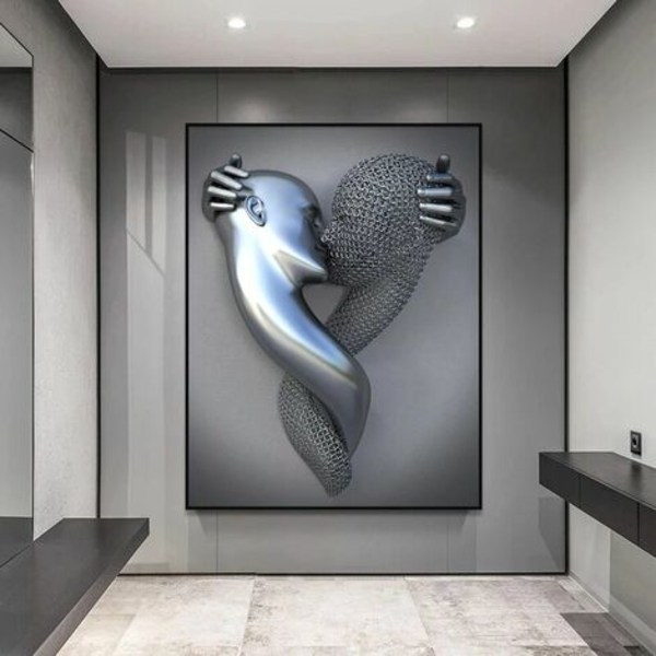 Konst Modern Poster Set om 3 - 3D Metallfigur Staty Konst Kärlek Hjärta Kyss Bilder Väggkonst Dekoration - Utan Ram - Väggdekoration Vägg Vardagsrum