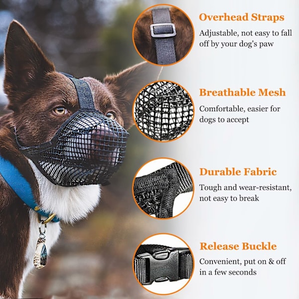 Hunde snude med afrundet net, åndbar snude til små, mellemstore og store hunde, forhindrer spisning, bid og tygning (S, sort)