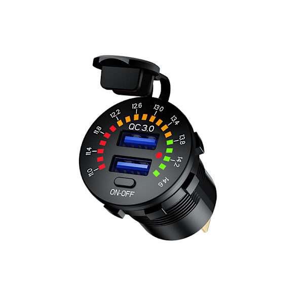 QC3.0 Motorsykkel Bil USB-lader, 12/24V Vanntett Dobbel USB-laderkontakt, med Bryter og Farge Voltmeter for Motorsykler, Biler, Båter, ATV-er, Buss