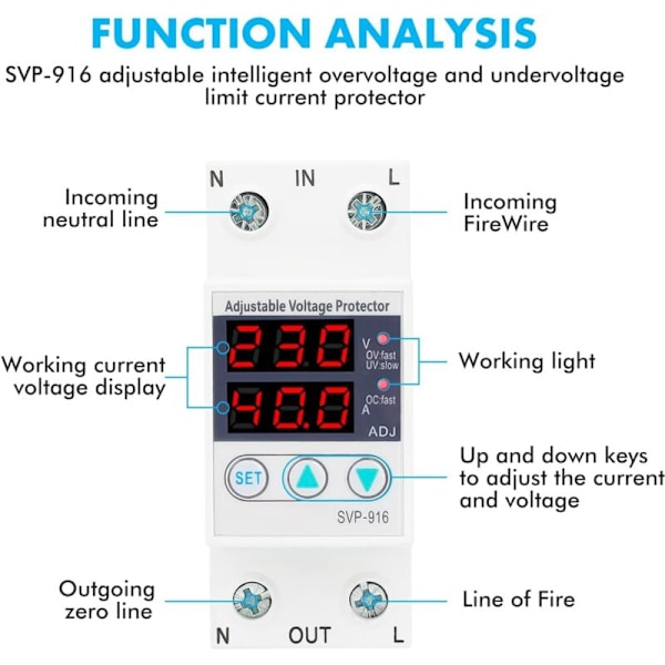230V Spændingsregulator Overspændingsbeskyttelsesrelæ Justerbar Genopretningsvoltmeter SVP-912 (63A)