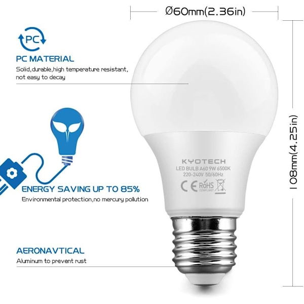 Set med 6 standard LED-lampor E27-sockel 9W motsvarande 75W kallvitt 6500K 780LM, A60 LED-lampa klassisk form 220° vinkel