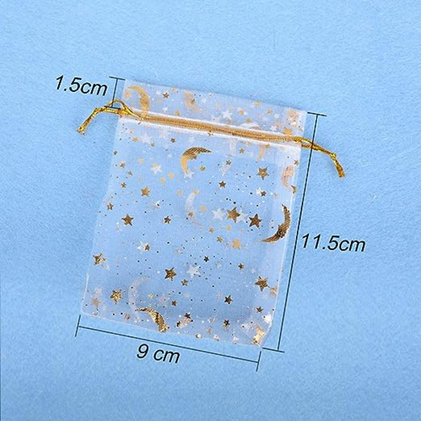100 stk. Organzaposer (9 * 12 cm) Sukkerpose Smykkeposer Slikposer Stjerne Måne Mønster Hot Printing til Fest Bryllup Slik Chokolade Jul Fødselsdag