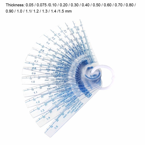 sourcing map 0,05-1,5 mm Plasttjocklek Mätare Hålfyllnadsmätverktyg för Gapbredd (17 i 1)