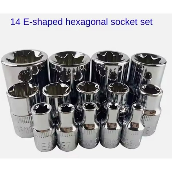 Sett med 14 hun-torx piper med etui, 1/4 \", 3/8\", 1/2 \". Torx E4-E24 Torx Coat