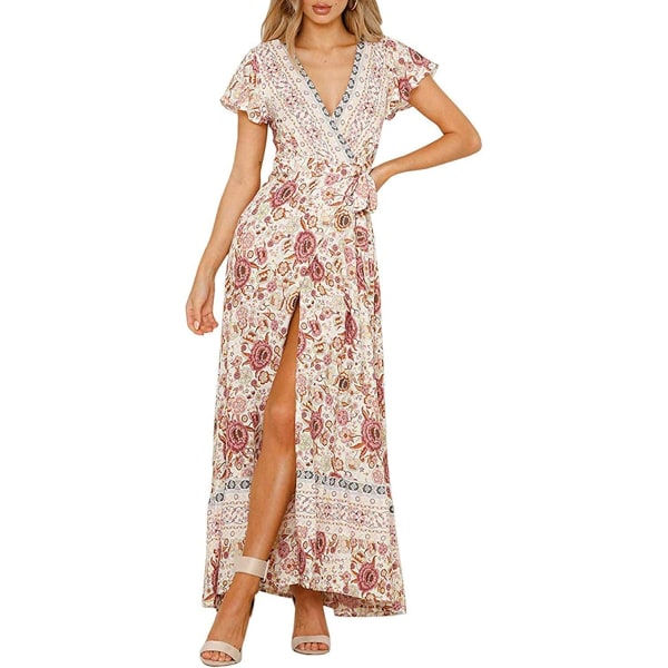 Kvinder 2023 Bohemian Floral Print slå-maxikjole, V-hals kortærmet slids Beach Party Maxi-kjole
