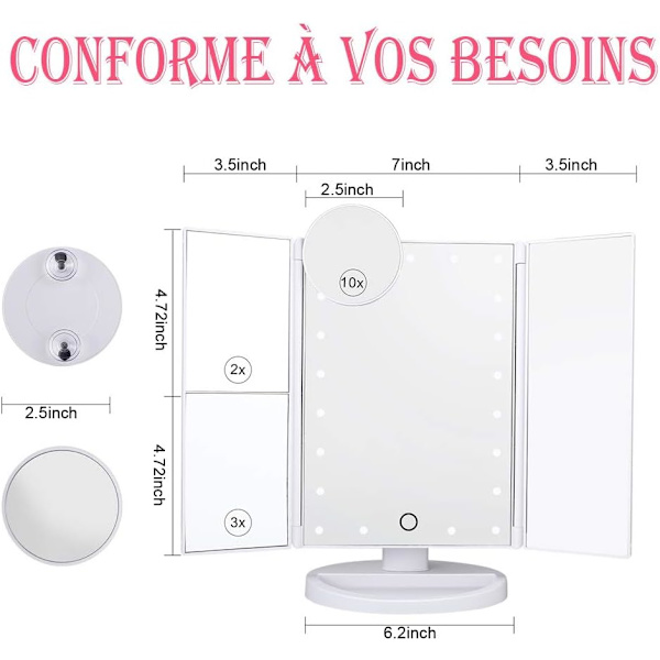 Sminkningsspegel, Nestling Triptych Förstorande Spegel med 22 st LED-lampor, 10X/3X/2X Ljus Spegel med Touch Screen, Dubbel Strömförsörjning, 180° Justerbar