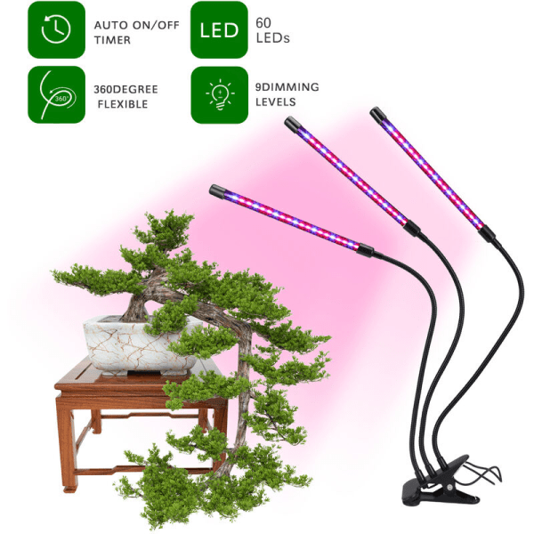 Vokselys til planter, gartnerilampe med AUTO ON/OFF-timing, plantelampe med dobbelt hoved, indendørs med LED plantevokselys med 60 lysdioder, til plante