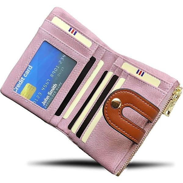(Pink) Lille RFID Læder Bifold Pung til Kvinder Mini Pung til Kvinder med Møntlomme Blød Kompakt Slank Pung